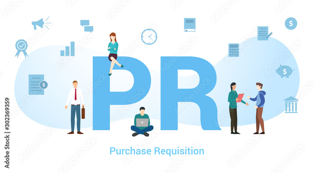 pr purchase requisition concept with big word or text and team people with modern flat style - vector pr purchase requisition concept with big word or text and team people with modern flat style - vector