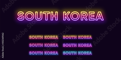 Neon South Korea name, Asian Country. Neon text of South Korea. Vector set of glowing Headlines