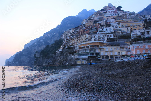 Positano colored houses from the sea bed view