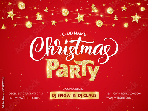 Christmas party poster template. Golden ornaments decoration.