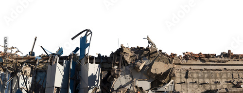 Ruined building. A pile of concrete, rubble and reinforcement debris isolated on a white background. Clipping path saved