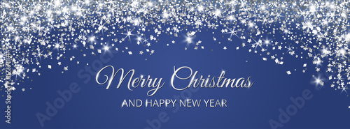 Merry Christmas and New Year banner. Silver glitter decoration