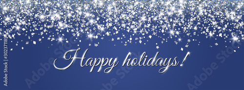 Christmas banner with happy holidays text. Silver glitter decoration