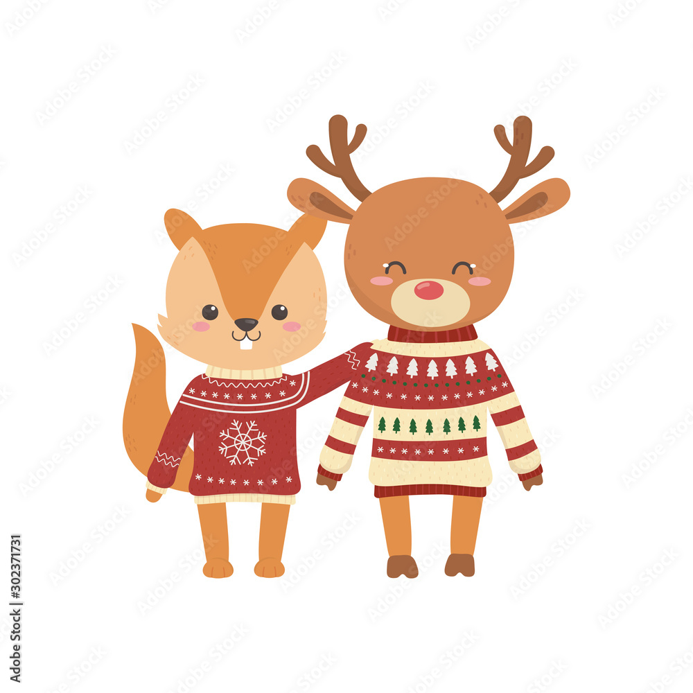 Fototapeta premium merry christmas celebration cute squirrel and deer with sweater decoration