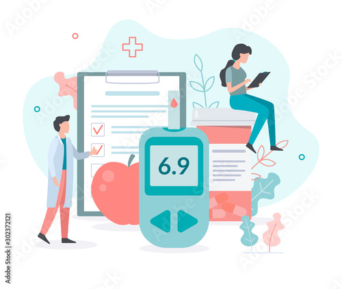 The doctor tests the level of glucose in the blood, prescribes statins. Medicine diabetes concept. Flat vector illustration.