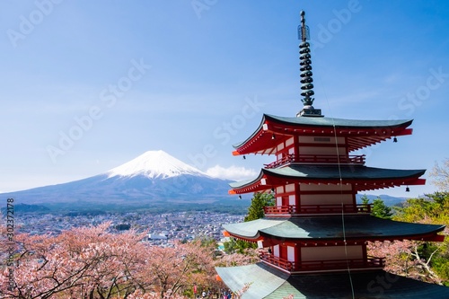 Chureito Pagoda with Mt. Fuji under clear blue sky  Shimoyoshida  Japan