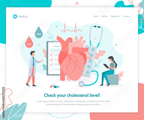 A team of doctors checks the level of cholesterol in the blood. Medicine heart health concept. Flat vector illustration.