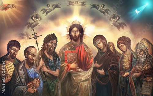 Jesus Christ surrounded with saints photo