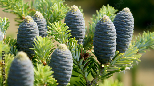 closeup of a coniferous tree branch with blue cones on a blurry background on a sunny day