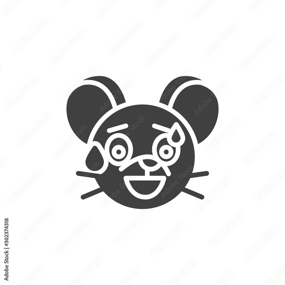 Sweat Tear rat emoticon vector icon. filled flat sign for mobile concept and web design. Laughing mouse face emoji glyph icon. Chinese 2020 year of the rat symbol, logo illustration. Vector graphics Sweat Tear rat emoticon vector icon. filled flat sign for mobile concept and web design. Laughing mouse face emoji glyph icon. Chinese 2020 year of the rat symbol, logo illustration. Vector graphics