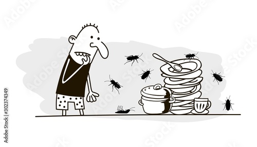 Man looks at dirty dishes. Funny vector.