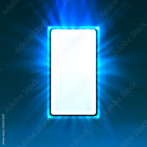 Phone in bright blue color, rays of light in the background.