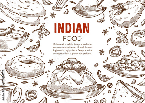 Restaurant menu of Indian cuisine food sketch poster