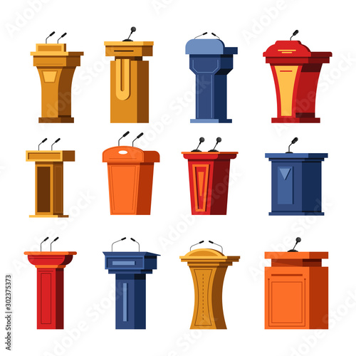 Podium or debate rostrum, pedestal or wooden tribune, stage stand
