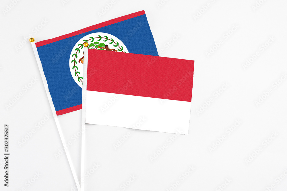 Monaco and Belize stick flags on white background. High quality fabric, miniature national flag. Peaceful global concept.White floor for copy space. Monaco and Belize stick flags on white background. High quality fabric, miniature national flag. Peaceful global concept.White floor for copy space.