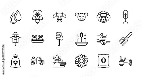 rural agriculture thick line icons set