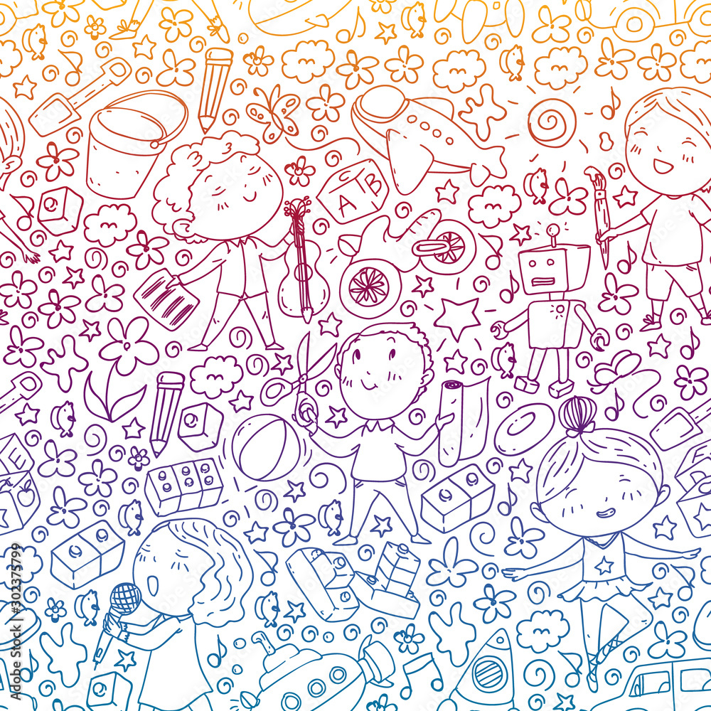 Painted by hand style pattern on the theme of childhood kindergarten. Vector illustration for children design.