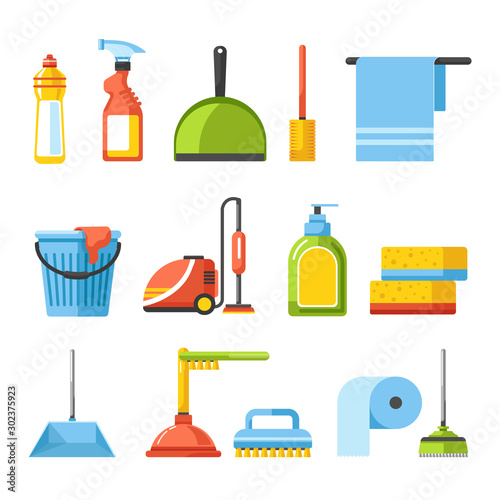 Household and housekeeping equipment, cleaning tools isolated icons