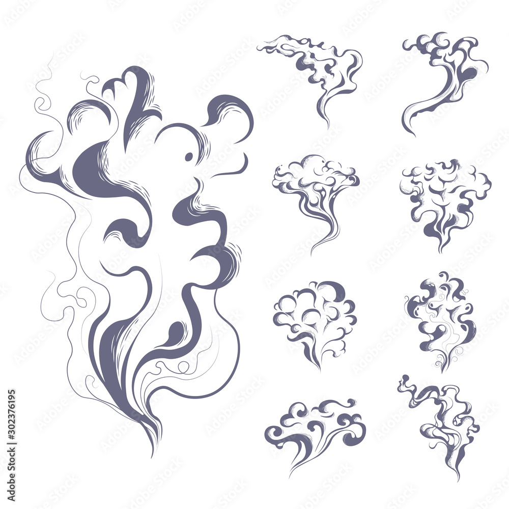 Smoke and vapor or steam, smoking cigarettes and fire burning, isolated icons