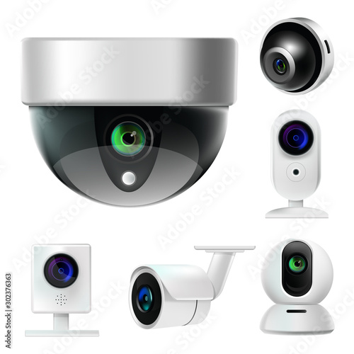 Surveillance camera or CCTV isolated icons, security system