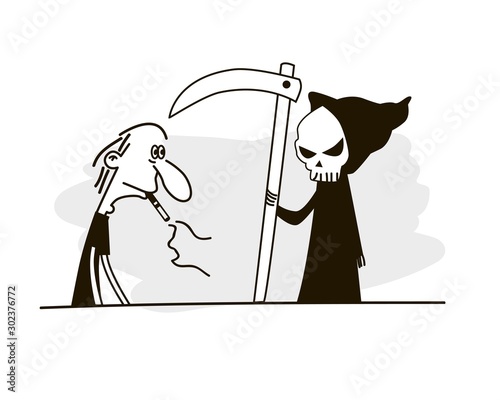 Man taking. Man smoking. Smoker think about death. Grim Reaper.