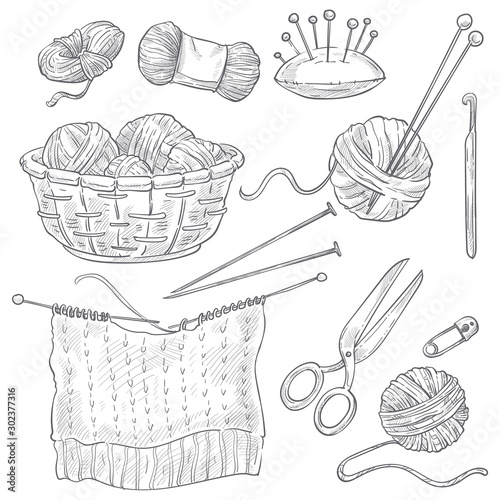 Knitting tools and threads isolated sketches, sewing and cross stitching