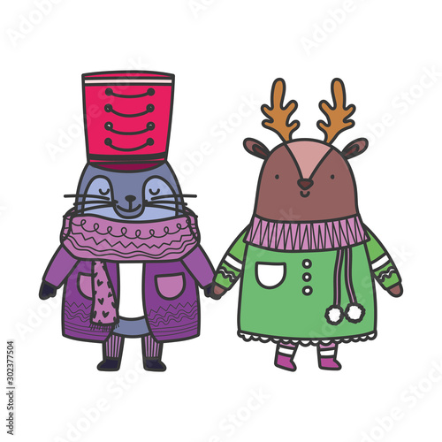 merry christmas celebration seal and deer with sweater and hat
