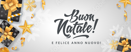 Buon Natale - Merry christmas in Italian language white card template glitter gold elements, snowflakes, stars and calligraphy