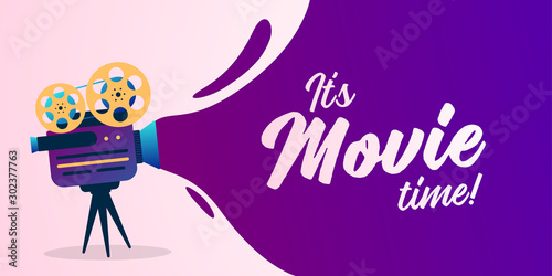 Lovely movie time concept with film projector and text area with sample title in bright colors. Vector illustration.