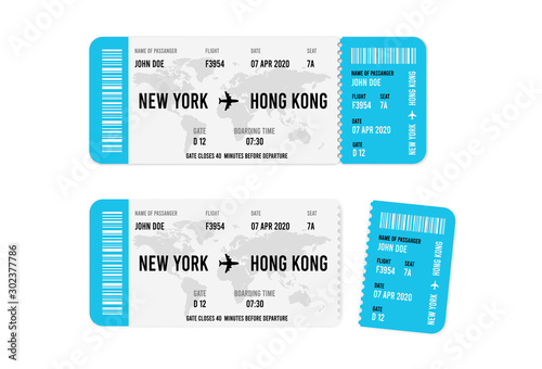Realistic airline ticket design with passenger name. Vector illustration