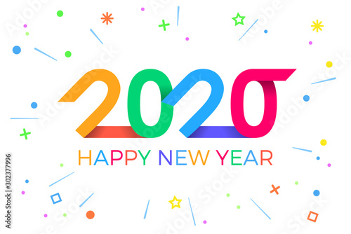 2020 Happy New Year. Paper Memphis geometric bright style for holidays flyers, greetings, invitations, Happy New Year or Merry Christmas cards. Holiday background, poster, banner. Vector Illustration.