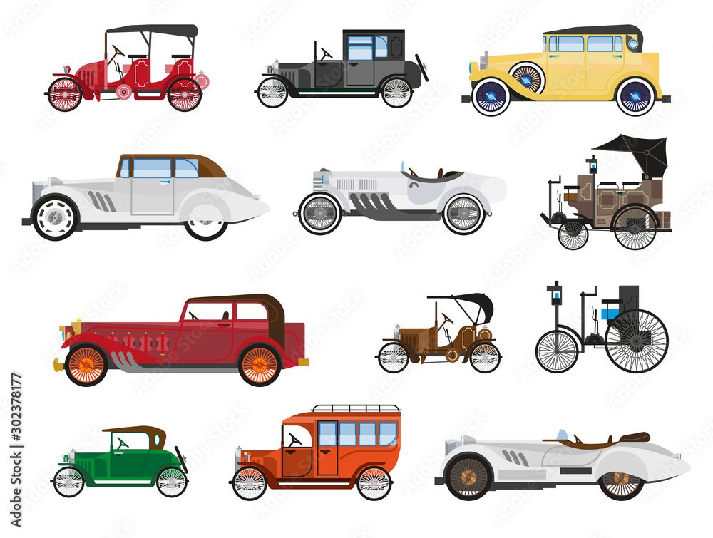 Retro vehicles, vintage cars isolated icons, automobile industry history Stock Vector Adobe Stock