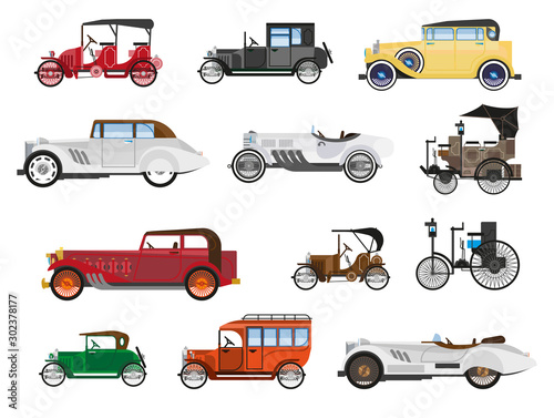 Retro vehicles, vintage cars isolated icons, automobile industry history photo