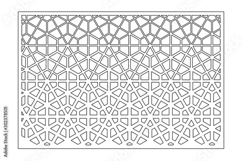 Decorative card for cutting. Linear geometric mosaic pattern. Laser cut. Ratio 2:3. Vector illustration.