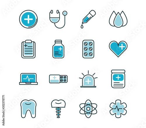 healthcare equipment medical icons set line fill