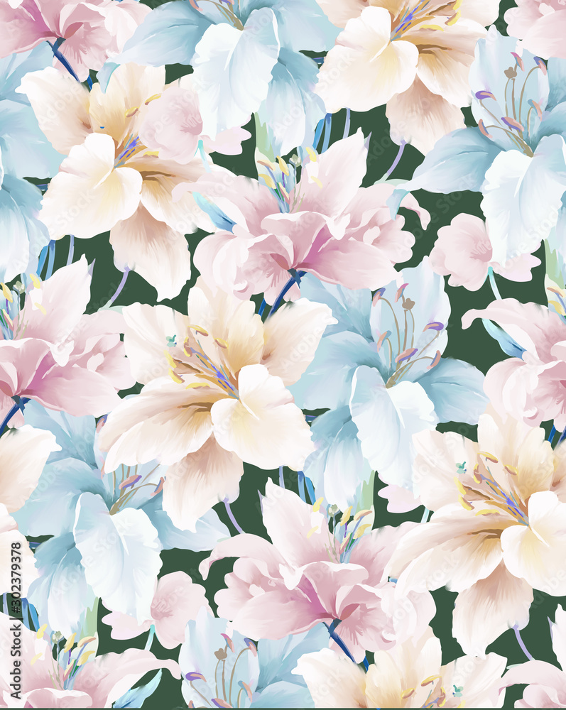 Elegant beautiful watercolor magnolia flower and seamless pattern - obrazy, fototapety, plakaty 