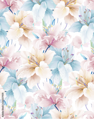Elegant beautiful watercolor magnolia flower and seamless pattern