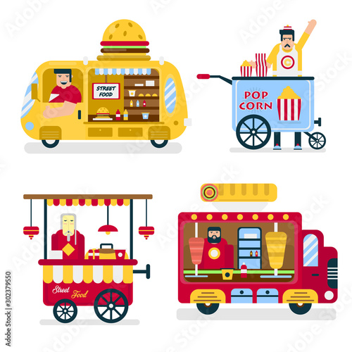 Street food trucks, burgers and popcorn, Chinese noodles and doners