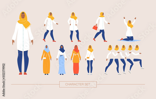 Muslim Woman in Traditional Hijab Character Constructor Isolated, Trendy Flat Design Elements Set. Religious Arab Lady in Various Poses, Body Parts, Emotion Expressions, National Wear Illustrations