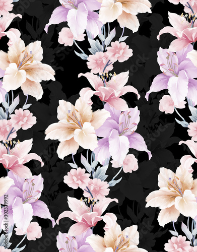 Elegant beautiful watercolor magnolia flower and seamless pattern