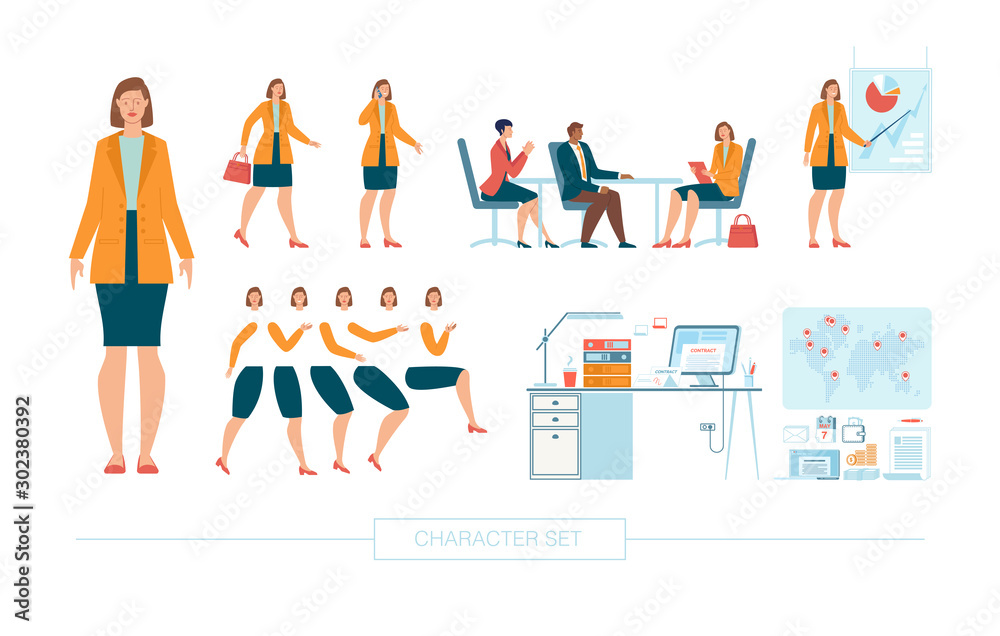 Businesswoman Character Constructor Isolated, Trendy Flat Design Elements Set. Female Business Leader Working in Office, Body Parts, Face Expressions, Work Table and Office Supplies Illustrations - obrazy, fototapety, plakaty 