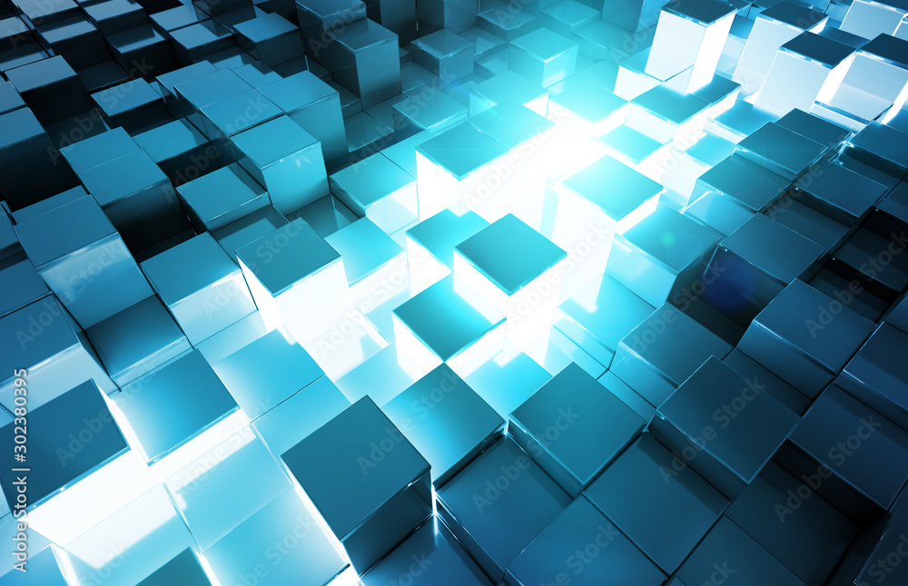 Glowing black and blue squares background pattern 3D rendering - obrazy, fototapety, plakaty 