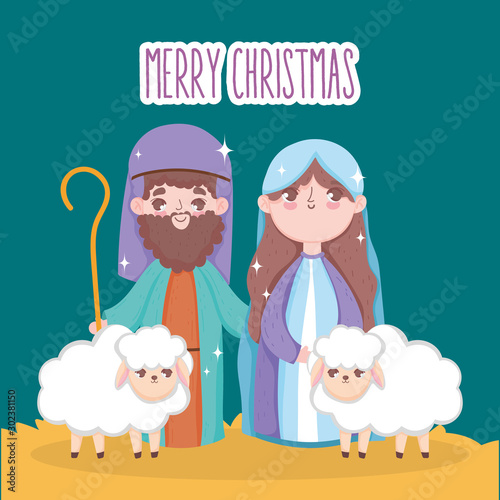 mary joseph with sheeps manger nativity, merry christmas