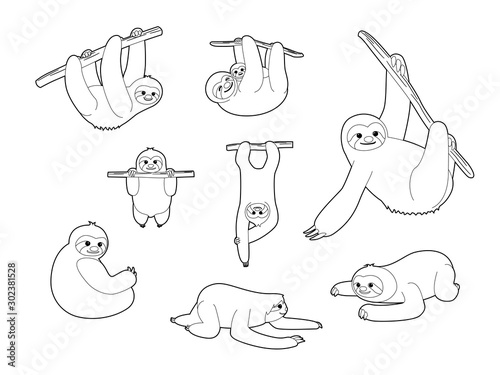 Various Sloth Pose Cute Cartoon Vector Coloring Book