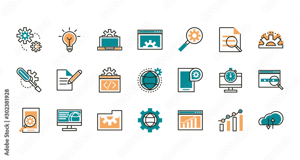 web development icons collection line and fill