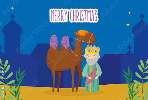 wise king and camel night village manger nativity, merry christmas