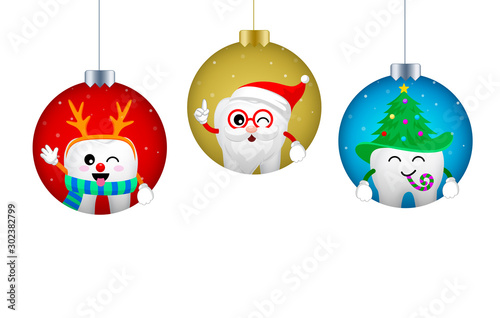 Set of Christmas tooth characters in Christmas ball. Emoticons facial expressions. Funny dental care concept. Vector illustration isolated on white background.