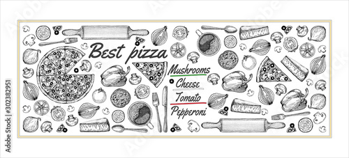 Vintage drawing, pizza, table, organic food ingredients. Hand drawn pizza illustration. Great for menu, poster or label.