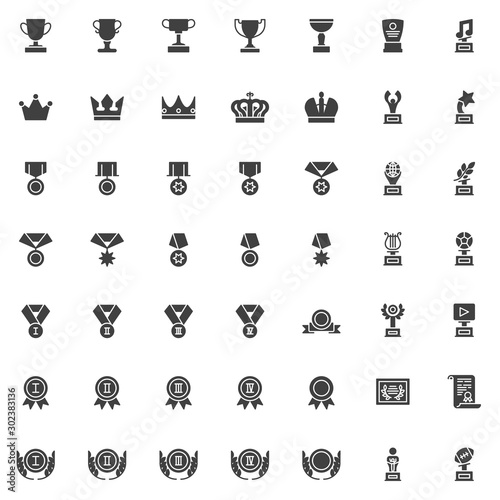 Awards trophy vector icons set, modern solid symbol collection filled style pictogram pack. Signs logo illustration. Set includes icons as award cup, crown reward, star medal ribbon, first place medal