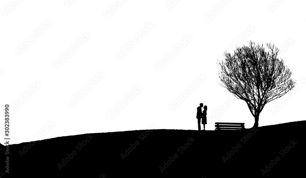 Romantic silhouette of loving couple  near a bench and a tree on hill isolated on white  background with clipping path
